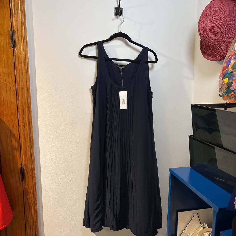 Eileen Fisher Navy Blue Silk Pleated Midi Dress